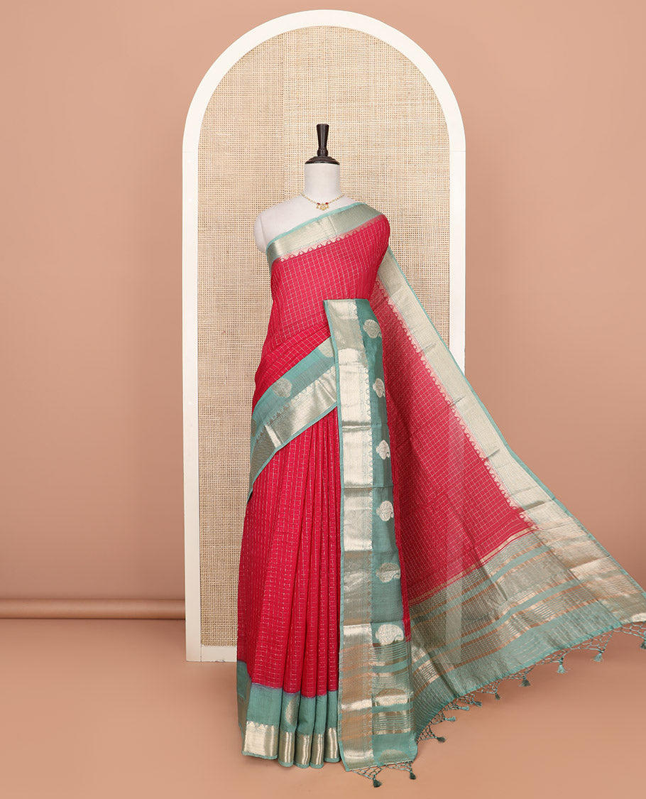 Red zari checked Assam silk saree, contrast traditional zari border of paisleys, and pallu of zari stripes
