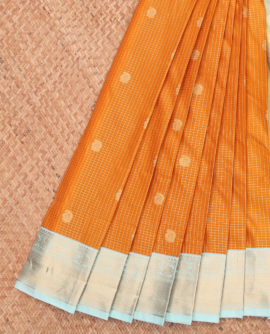 Orange Budget Silk Saree, Richly Detailed with Zari Buttas and Checks, Complemented by a Contrast Traditional Zari Border, Jaal Pallu, and a Contrast Blouse