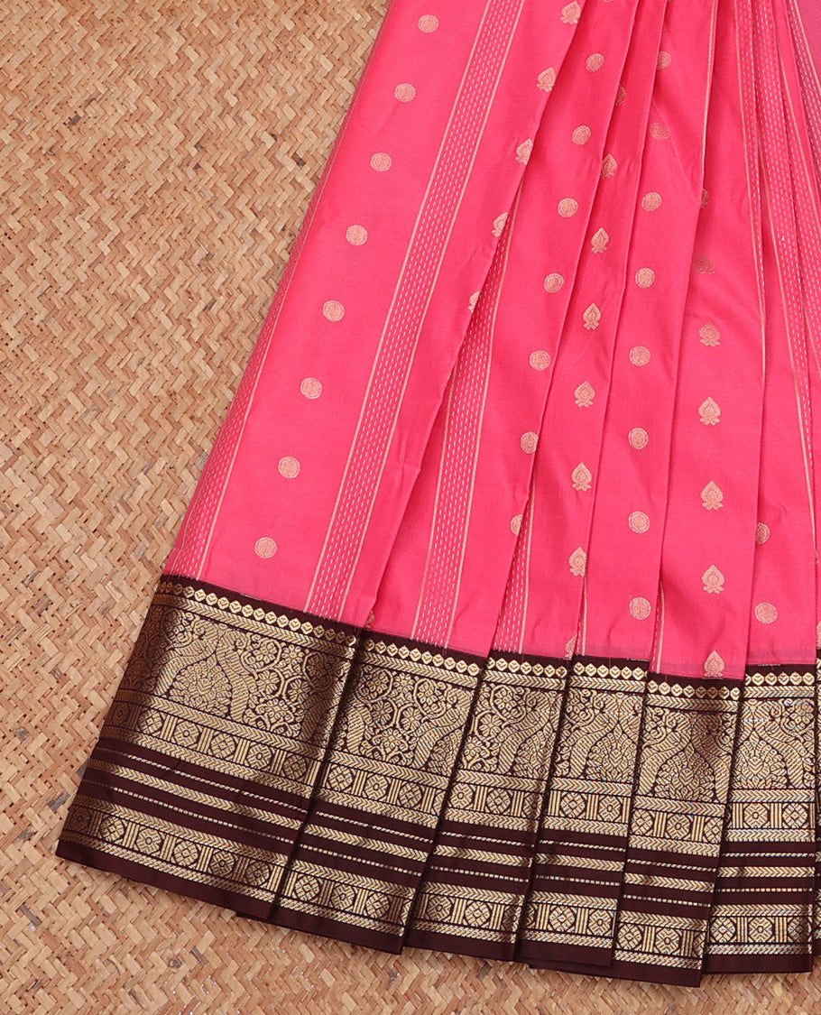 Pink Budget Silk Saree, Detailed with Zari Buttas, Complemented by a Contrast Traditional Zari Design Border, Geometric Pallu, and Contrast Blouse