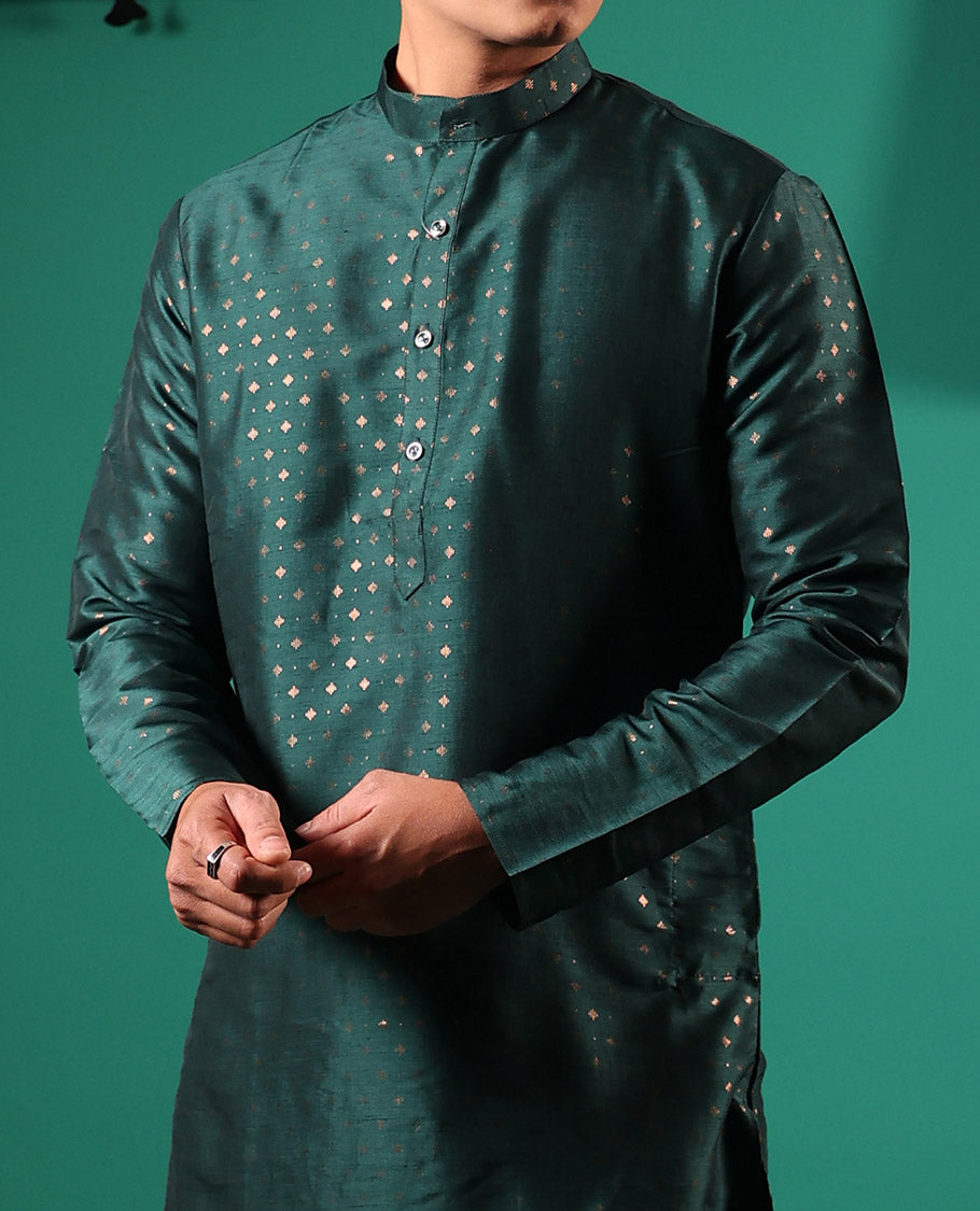 Green diamond motifs golden foil printed with full-sleeved men's kurta