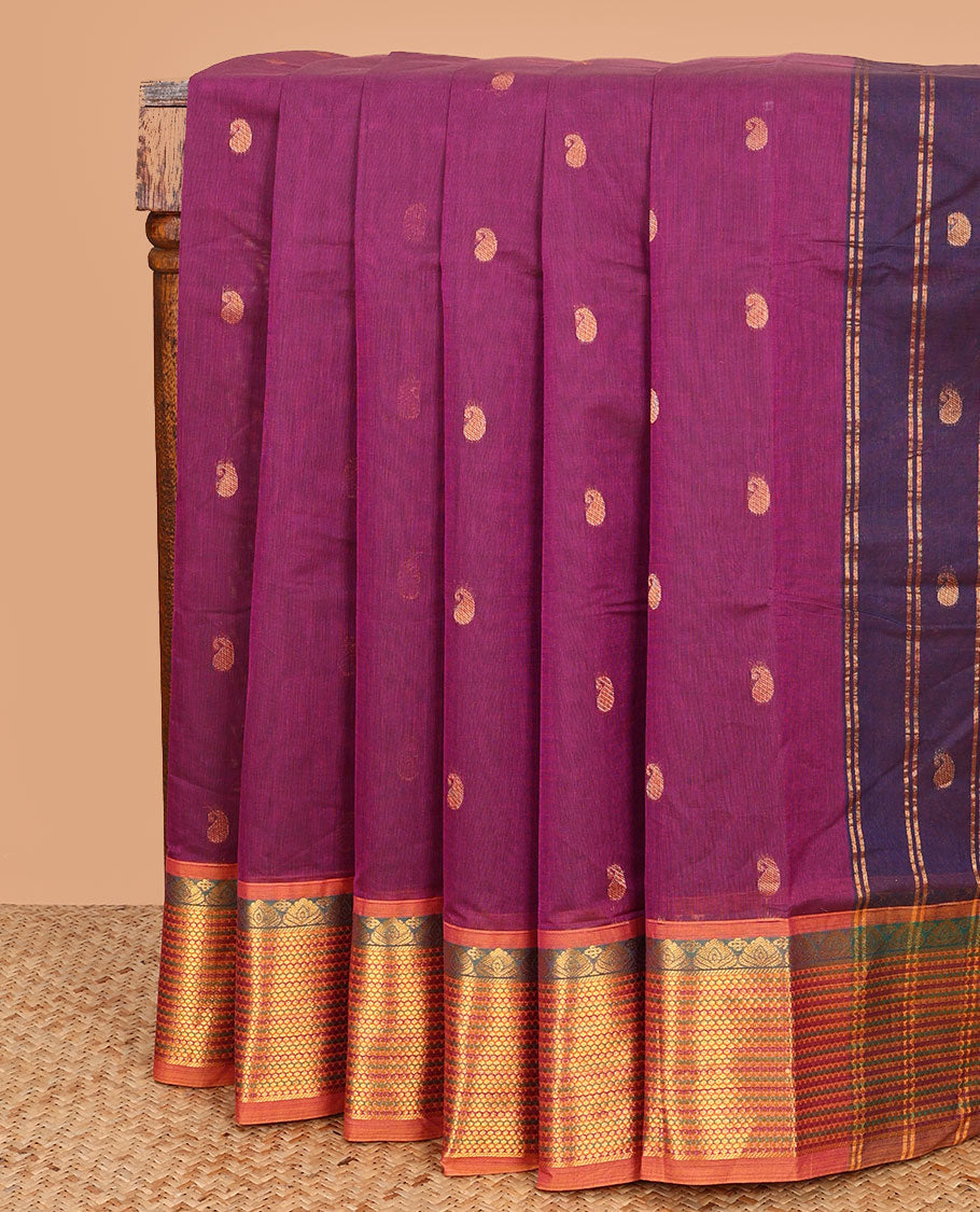 Purple paisley buttas Venkatagiri cotton saree, contrast traditional zari design border, and zari striped pallu