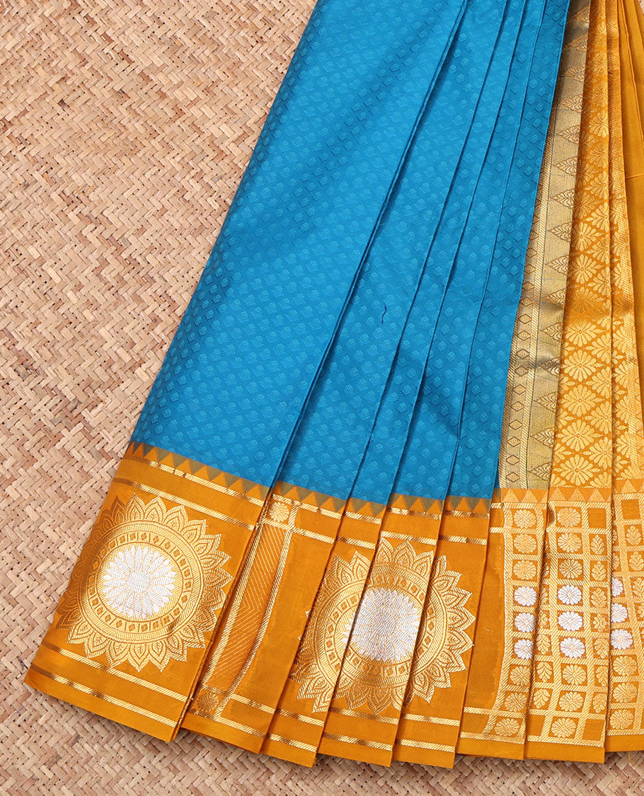 Blue Embossed Budget Silk Saree, Complemented by a Contrast Chakra Zari Border, Jaal Pallu, and Contrast Blouse