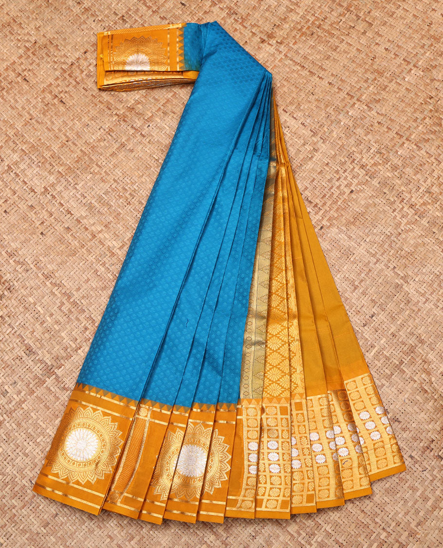 Blue Embossed Budget Silk Saree, Complemented by a Contrast Chakra Zari Border, Jaal Pallu, and Contrast Blouse