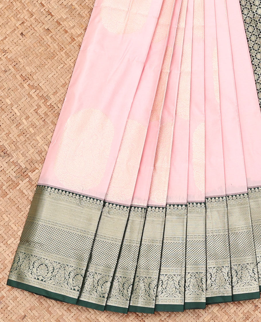 Baby Pink Budget Silk Saree, Sparsely Woven with Zari Buttas, Captivating Contrast Traditional Zari Design Border, Pallu of Intricate Design, and Has a Contrast Blouse