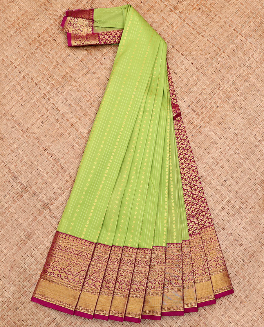 Parrot Green Budget Silk Saree, Detailed with Buttas and Stripes All Over Its Body, Complemented by a Contrast Traditional Zari Design Border, Grand Pallu, and Paired with a Contrast Blouse