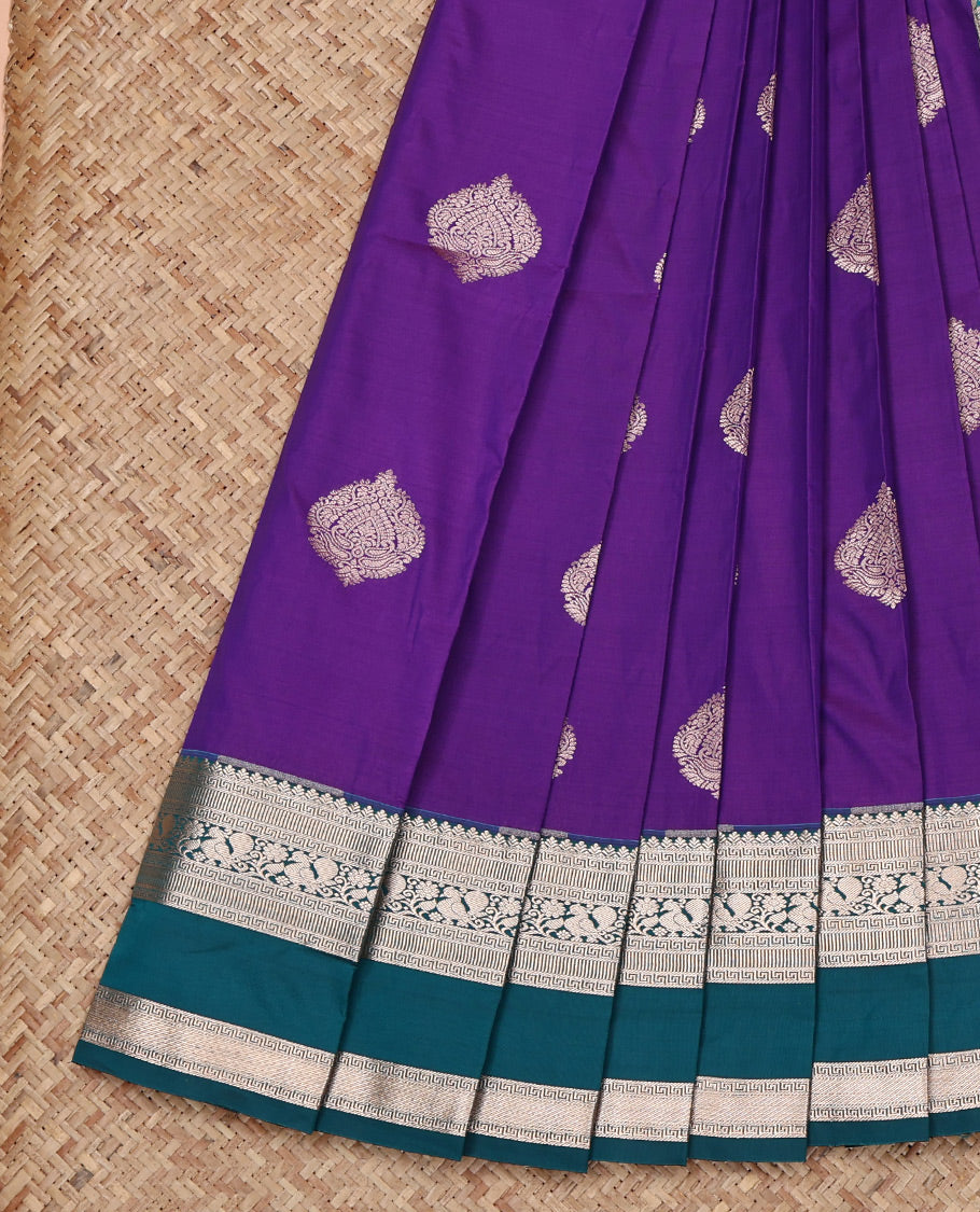 Violet Budget Silk Saree, Bedecked with Zari Buttas All Over Its Body, Complemented by a Contrast Traditional Zari Design Rettai Pettu Border, Intricate Pallu, and Paired with a Contrast Blouse