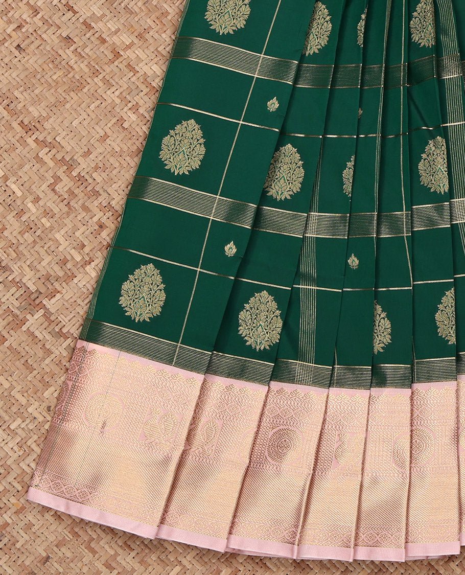 Green Budget Silk Saree, Steeped in Richness of Zari Butta Enclosed Checks on Its Body, Complemented by a Contrast Traditional Zari Design Border, Intricately Designed Pallu, and Paired with a Contrast Blouse