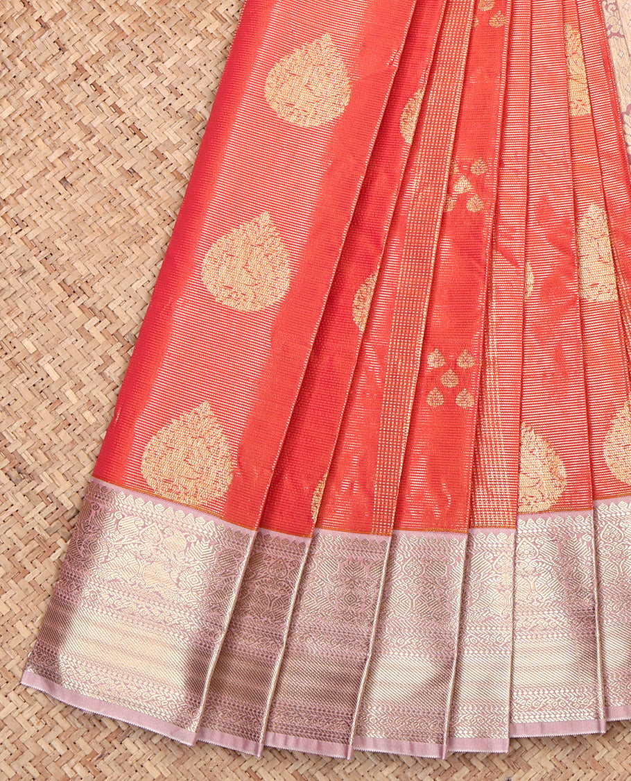 Orange Budget Silk Saree, Gleamed Up with Zari Buttas and Stripes, Contrast Traditional Zari Design Featured Border, Grand Decked-Up Pallu, and a Contrast Blouse
