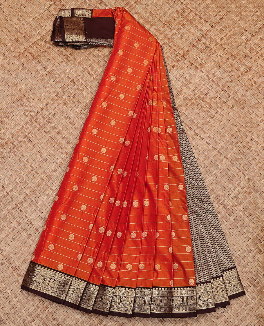Orange Budget Silk Saree, Detailed with Buttas and Stripes, Complemented by Contrast Traditional Border, Grand Pallu and a Contrast Blouse