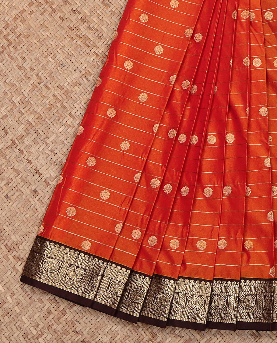 Orange Budget Silk Saree, Detailed with Buttas and Stripes, Complemented by Contrast Traditional Border, Grand Pallu and a Contrast Blouse