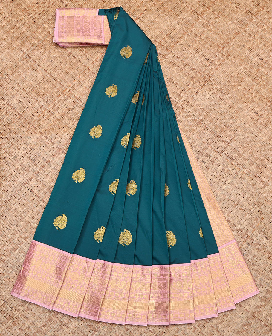 Blue Budget Silk Saree, Detailed with Zari Buttas, Contrast Traditional Zari Design Border, Grand Jaal Pallu, and a Contrast Blouse