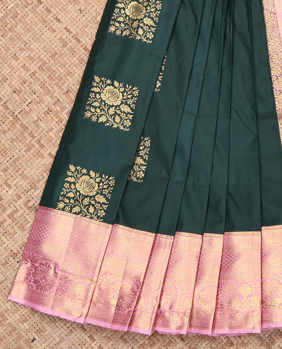 Green Budget Silk Saree, Mesmerized with with Zari Buttas, Contrast Traditional Zari Border, Grand Pallu, and a Contrast Blouse