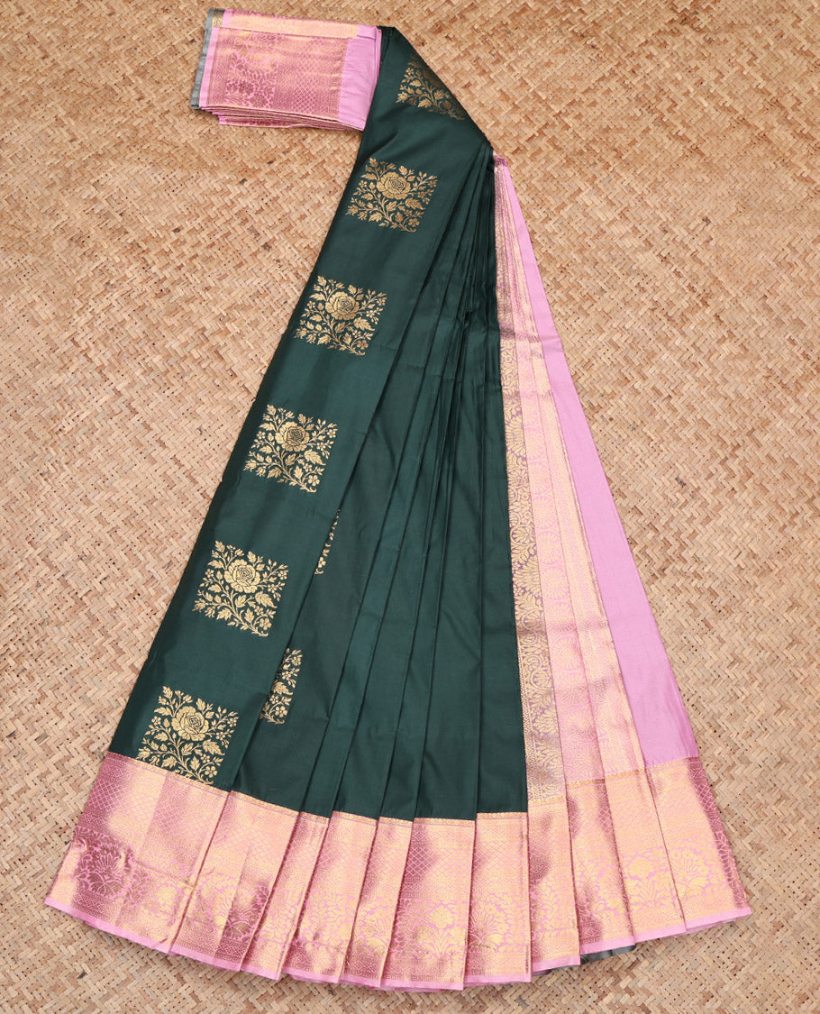Green Budget Silk Saree, Mesmerized with with Zari Buttas, Contrast Traditional Zari Border, Grand Pallu, and a Contrast Blouse