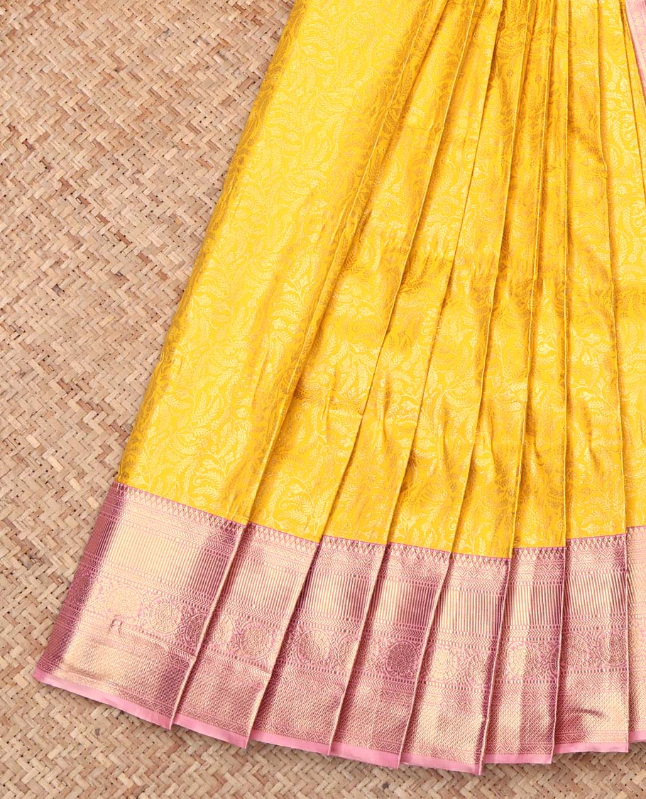 Yellow Budget Silk Saree, Mesmerized with Zari Jacquard Design, Complemented by Contrast Traditional Zari Border, Intricate Pallu, and Contrast Blouse