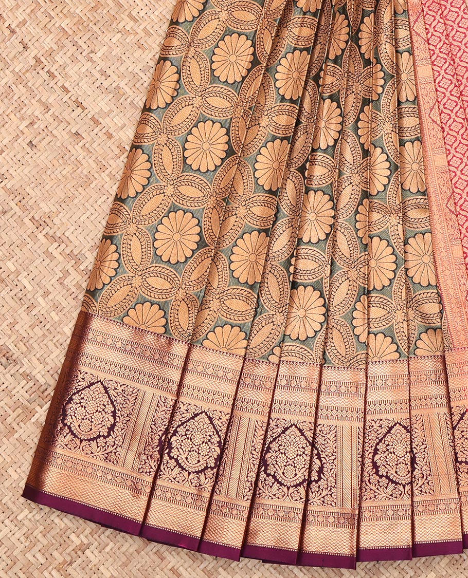 Grey Budget Silk Saree, Opulently Embellished with Jacquard Design, Complemented by a Contrast Traditional Zari Border, Jaal Pallu, and a Contrast Blouse