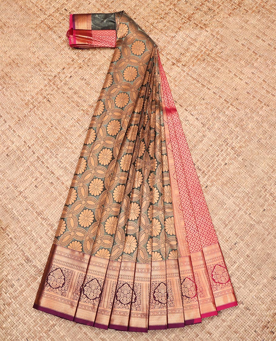 Grey Budget Silk Saree, Opulently Embellished with Jacquard Design, Complemented by a Contrast Traditional Zari Border, Jaal Pallu, and a Contrast Blouse