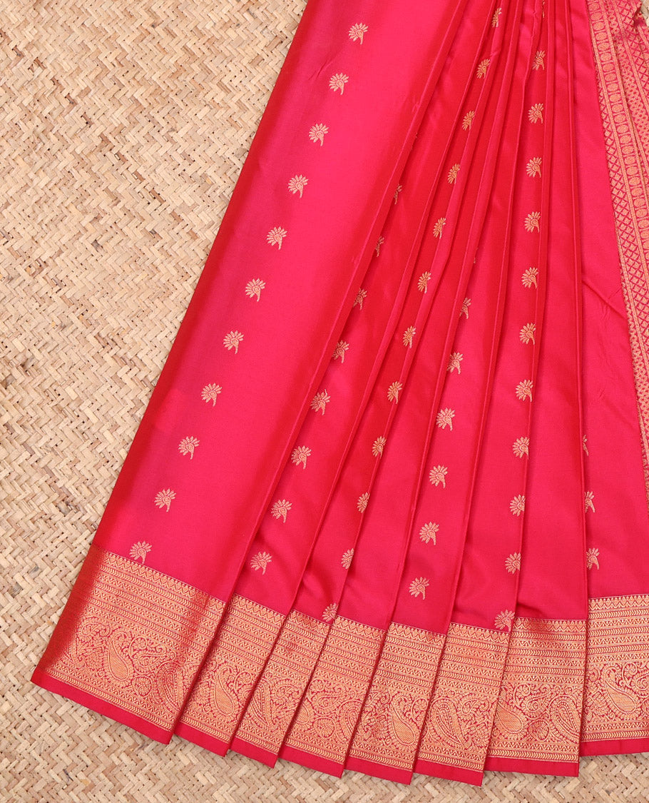 Pink Budget Silk Saree, Ornamented with Zari Buttas, Highlighted by a Traditional Zari Border, Geometric Pallu, and a Matching Blouse