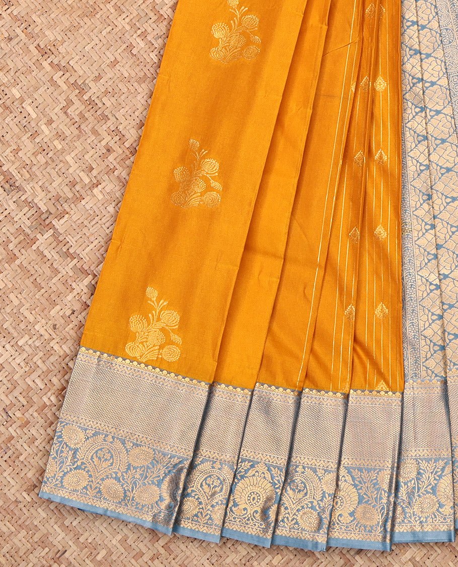 Yellow Budget Silk Saree, Sparsely Woven with Zari Buttas, Complemented by a Contrast Traditional Border, Grand Pallu, and a Contrast Blouse