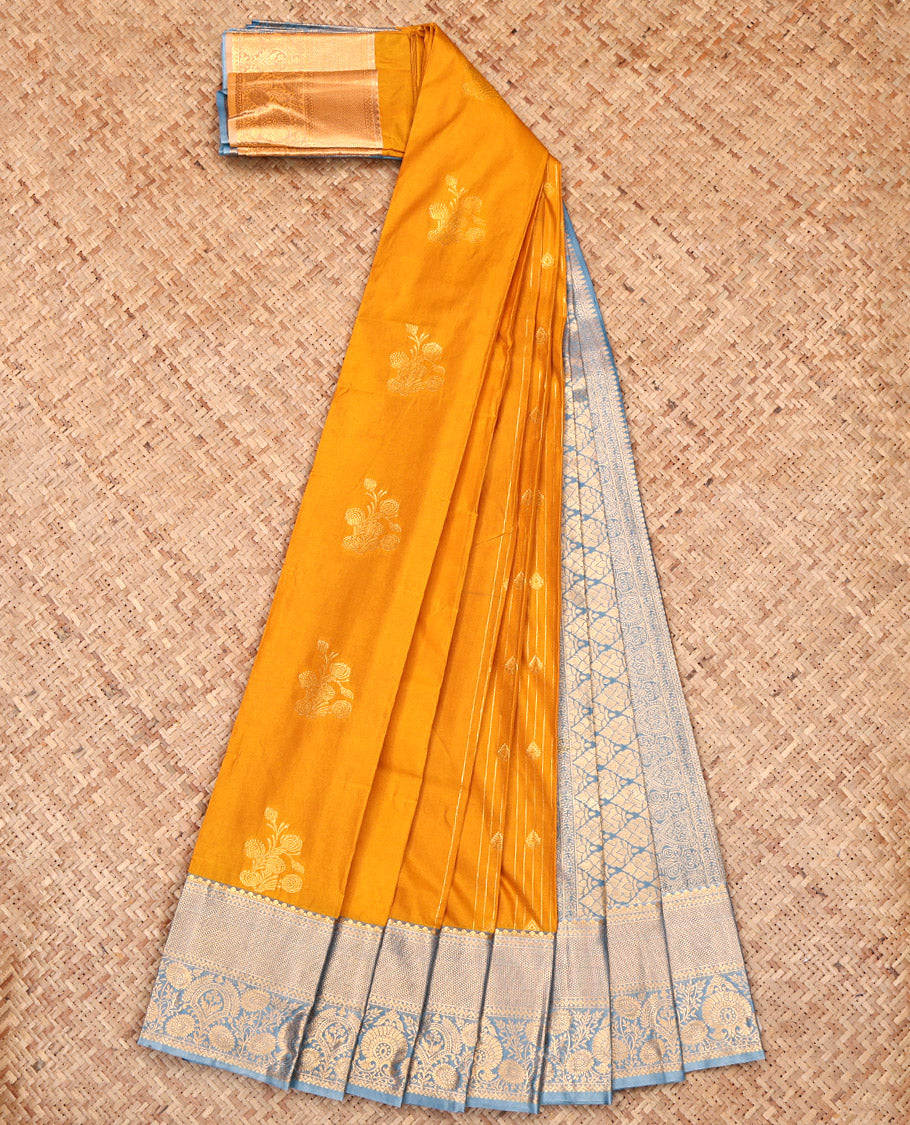 Yellow Budget Silk Saree, Sparsely Woven with Zari Buttas, Complemented by a Contrast Traditional Border, Grand Pallu, and a Contrast Blouse