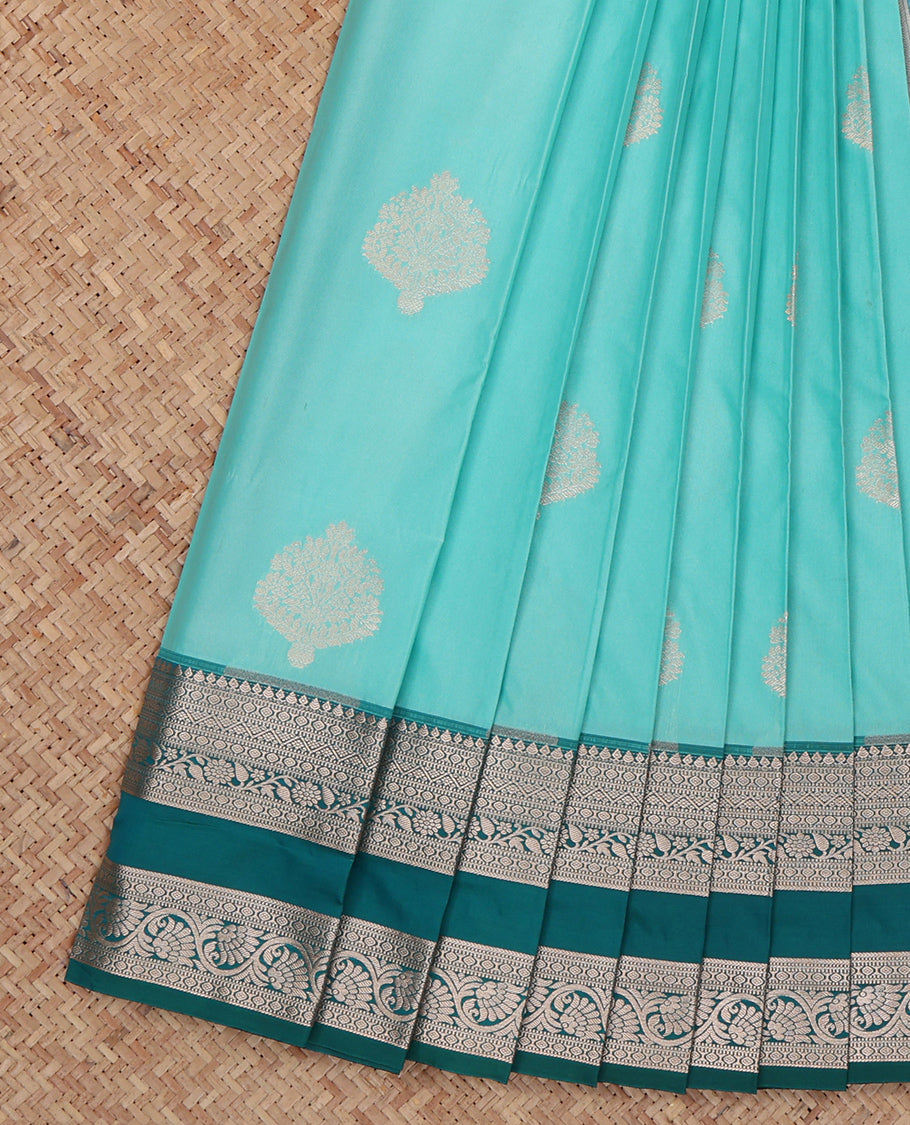 Blue Budget Silk Saree, Sparsely Woven with Zari Buttas, Complemented by a Contrast Traditional Zari Border, Grand Pallu, and a Contrast Blouse