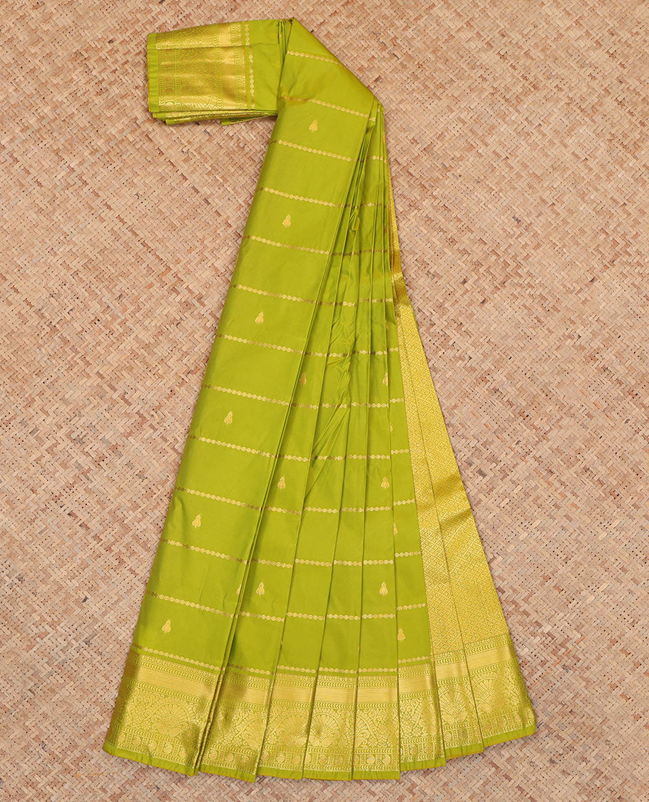 Green Budget Silk Saree, Decked Up with Zari Buttas and Stripes, Complemented by Traditional Zari Border, a Jaal Pallu and a Contrast Blouse