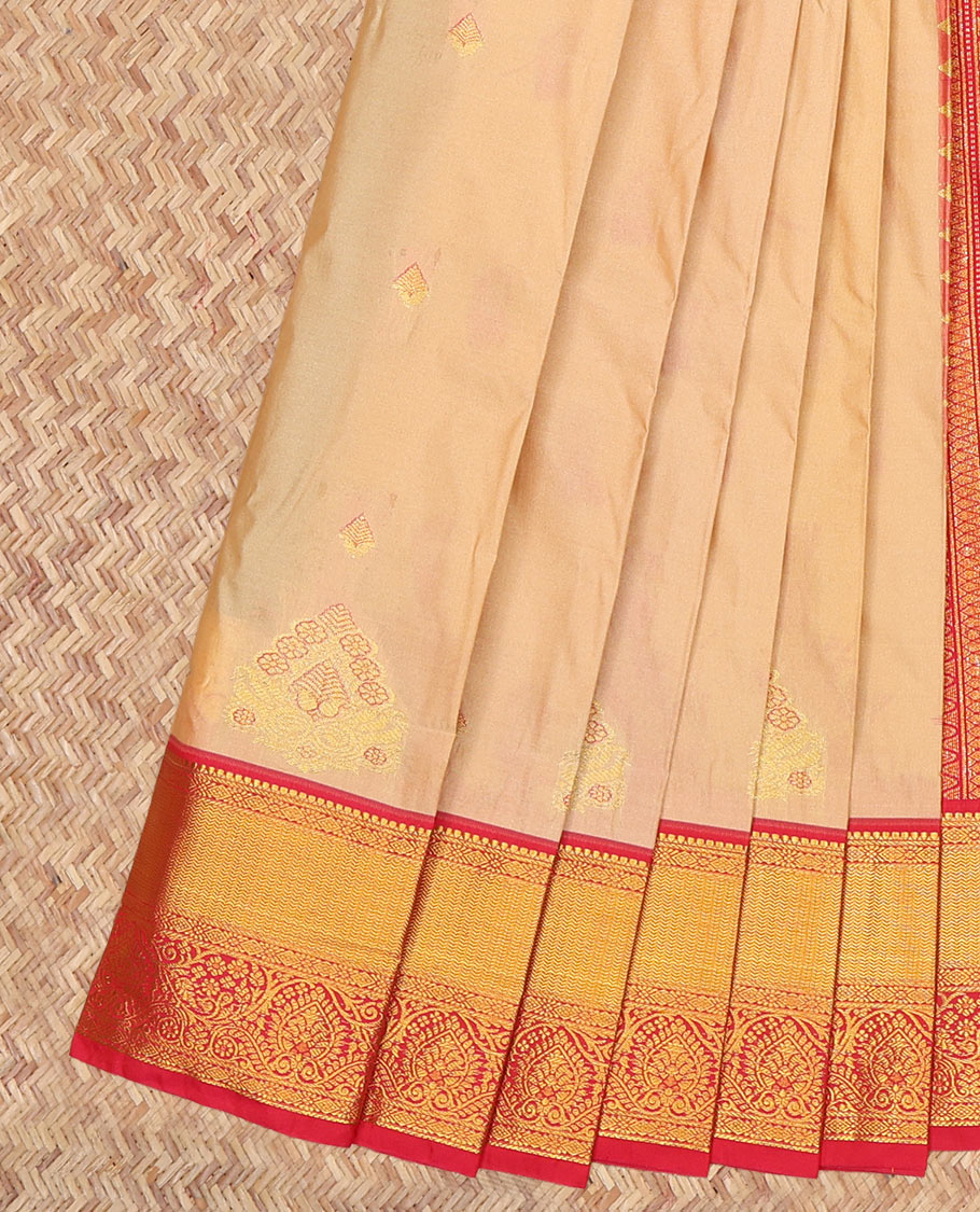 Sandal Budget Silk Saree, Woven with Zari Buttas, a Contrast Traditional Zari Border, Grand Pallu, and a Contrast Blouse