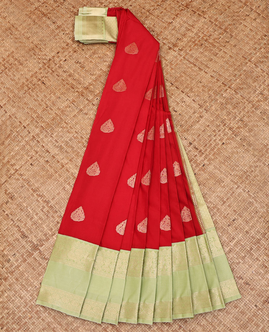Red Budget Silk Saree, Richly Detailed with Zari Buttas All Over Its Body, Complemented by a Contrast Traditional Zari Design Rettai Pettu Border, Gleaming Zari-Woven Jaal Pallu, and Paired with a Contrast Blouse