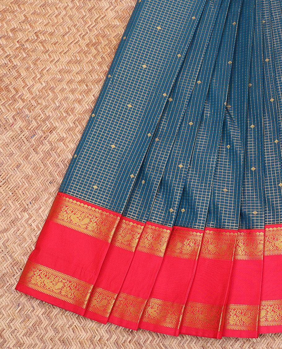 Blue Budget Silk Saree, Delicately Woven with Zari Buttas and Checks, Contrast Traditional Zari Rettai Pettu Border, Grand Jaal Pallu, and a Contrast Blouse