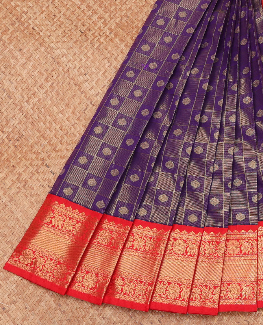 Blue Budget Silk Saree, Richly Detailed with Buttas Enclosed Checks, Complemented by a Contrast Traditional Zari Border, Grand Pallu, and a Contrast Blouse