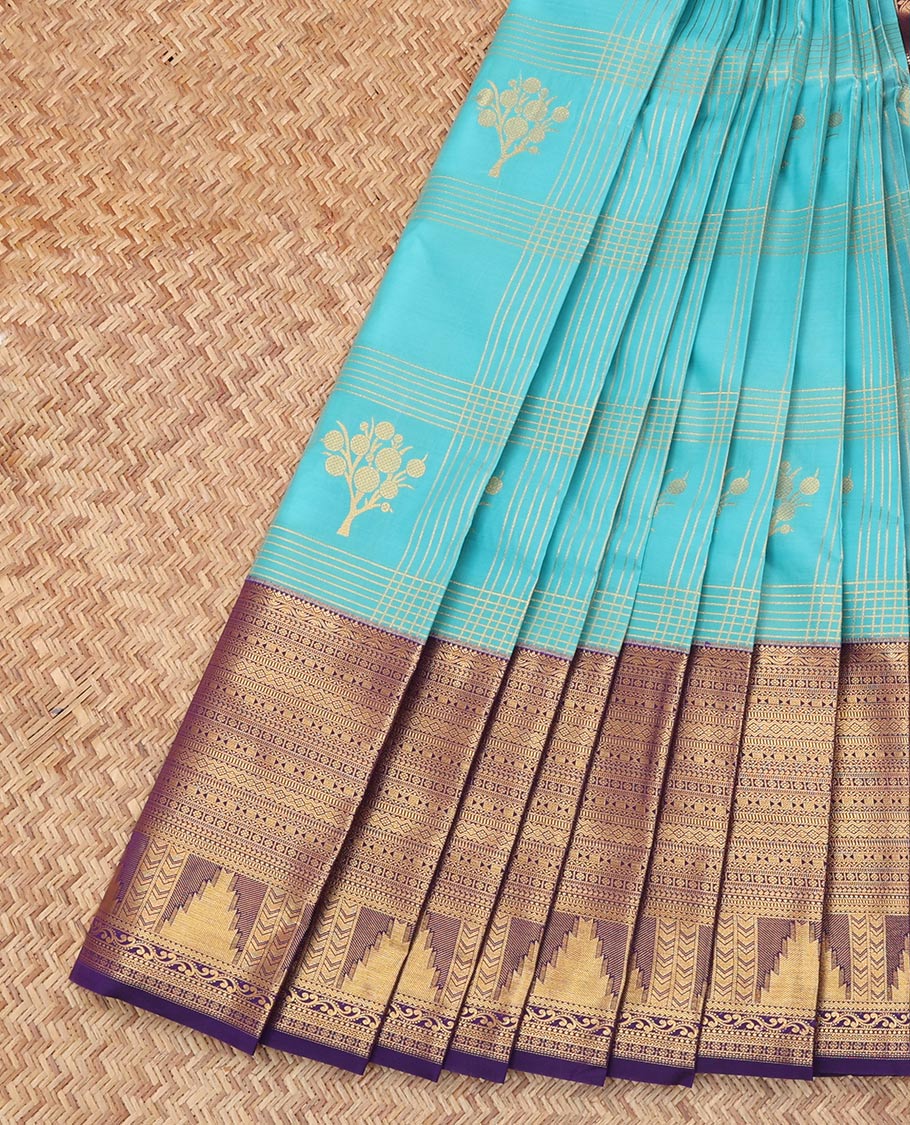 Blue Budget Silk Saree, Ornamented with Zari Buttas and Checks, Complemented by Contrast Traditional Zari Border, a Grand Pallu and a Contrast Blouse