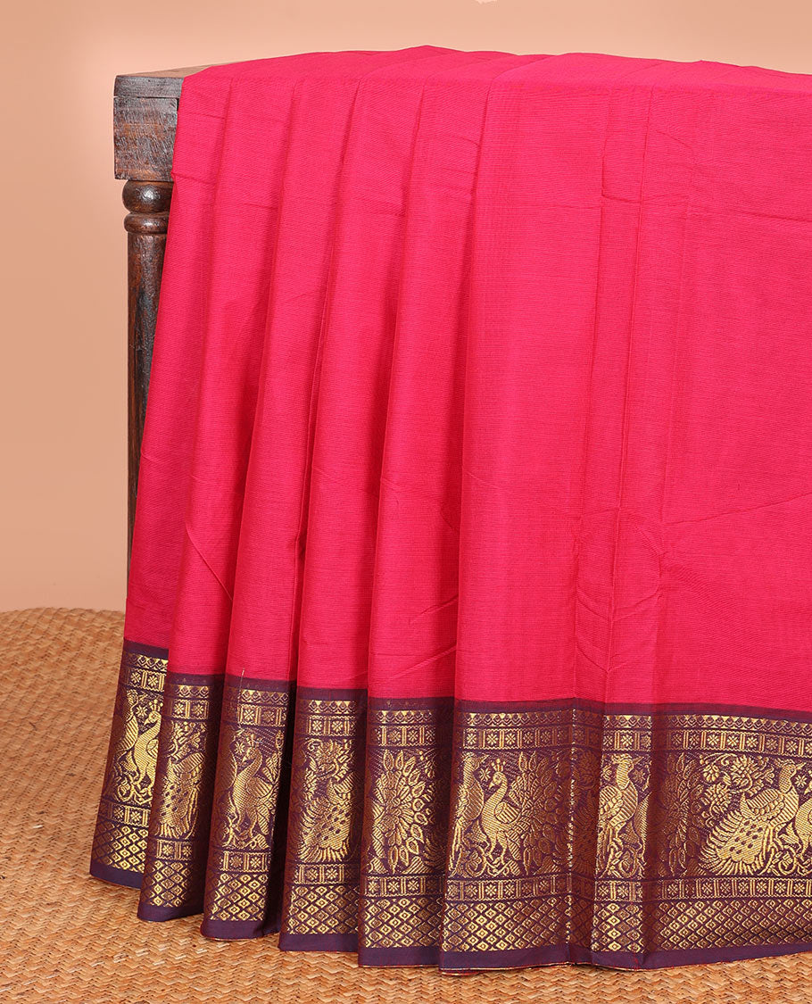 Red Plain Chettinad Cotton Saree, Beautified with Captivating Contrast Traditional Zari Border of Peacock Designs, and a Pallu of Zari Stripes