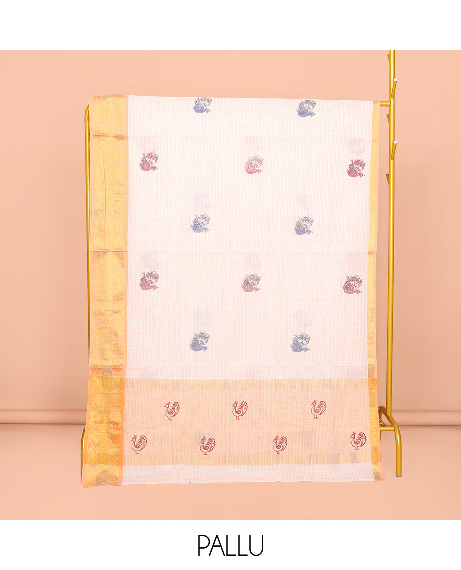 Off-White Venkatagiri Cotton Saree, Crafted with Peacock Buttas and Checks, a Contrast Traditional Zari Border, Pallu of Peacock Buttas and Stripes, and No Blouse