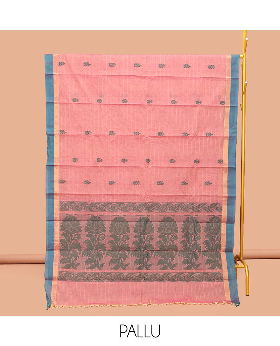 Pink Kanchi Cotton Saree, Decked Up with Buttas and Stripes, Complemented by a Contrast Border, Floral Pallu, and a Matching Blouse