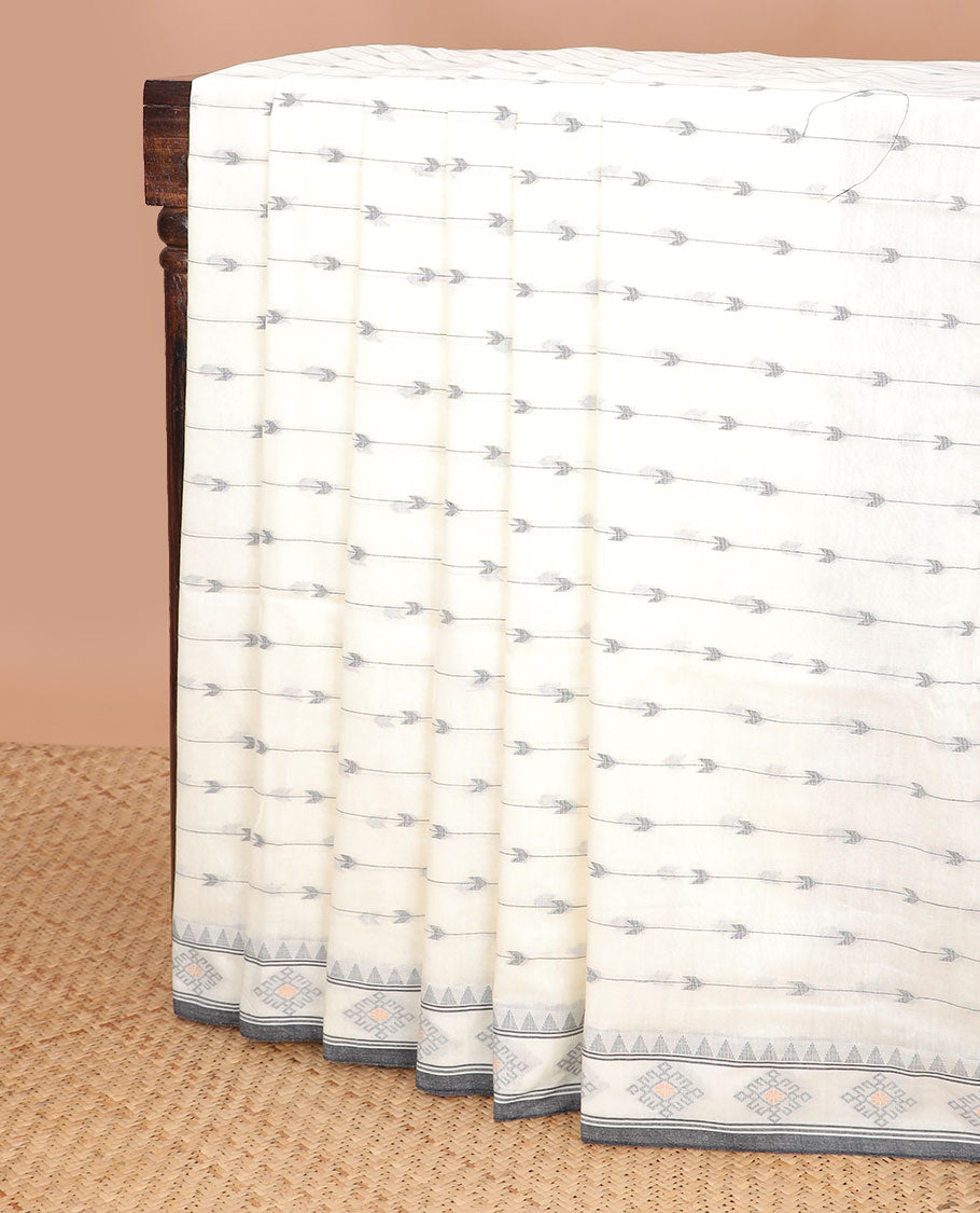 White striped, arrow design ikkat cotton saree with self floral design border & striped pallu