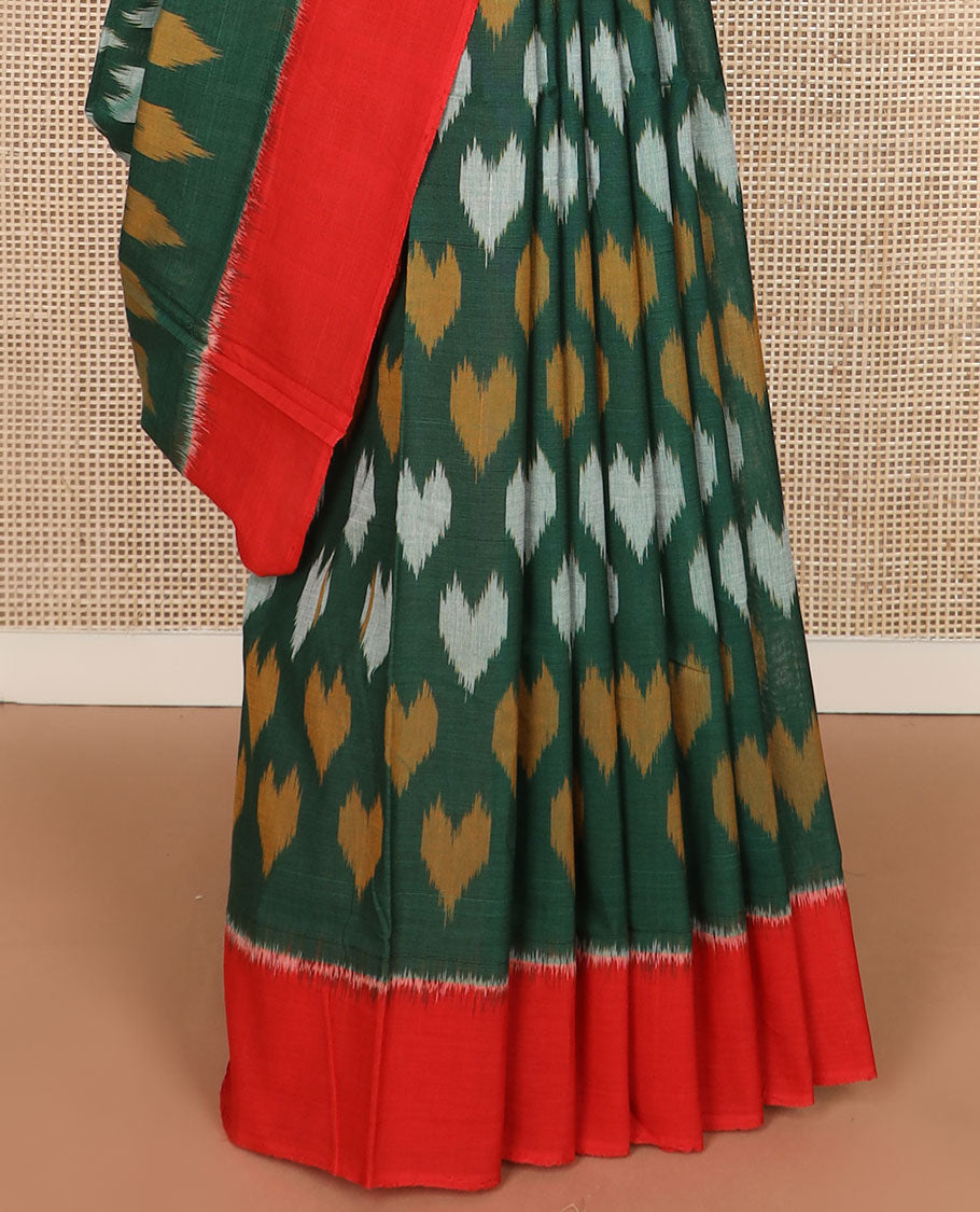 Green heart motifs Pochampally cotton saree, contrast plain border & pallu of ikkat design