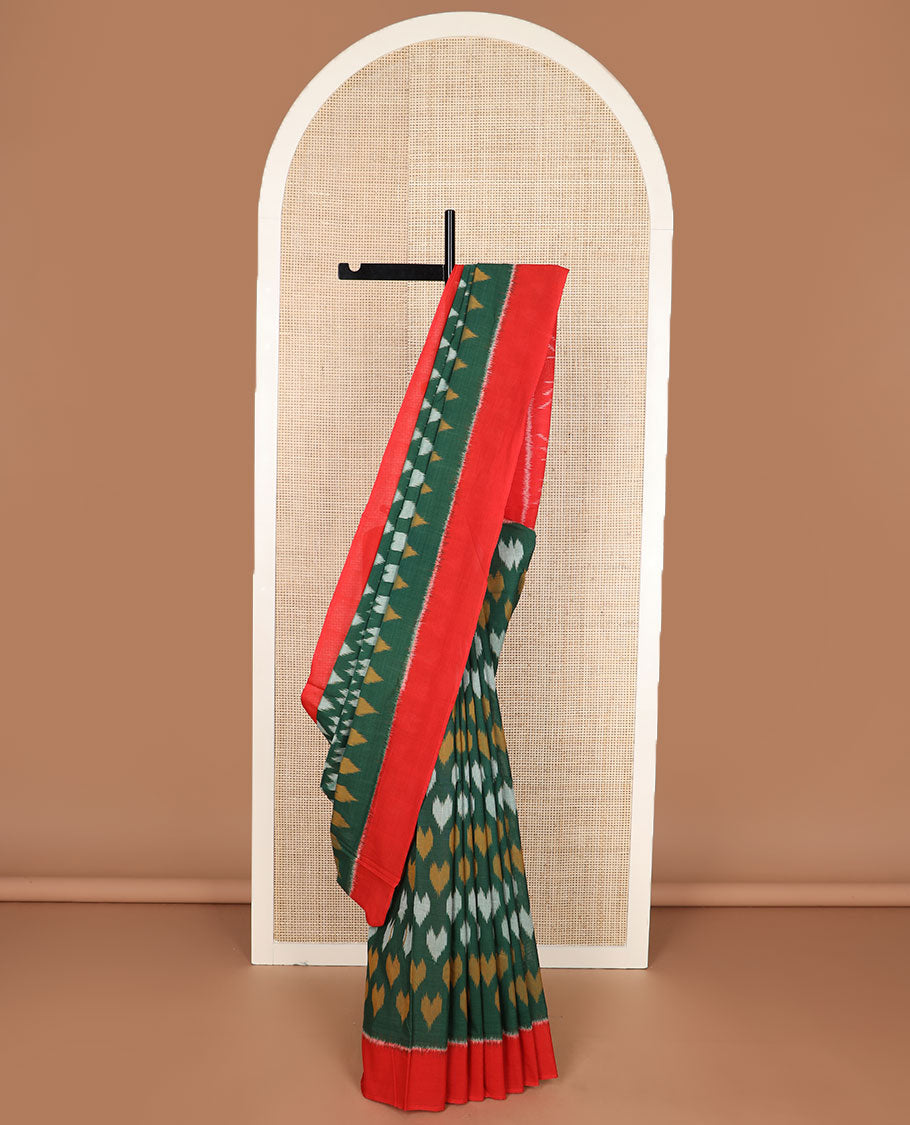 Green heart motifs Pochampally cotton saree, contrast plain border & pallu of ikkat design