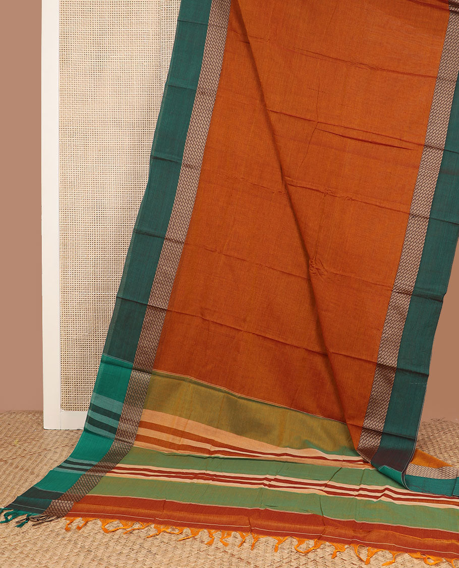 Orange plain design Narayanpet cotton saree, contrast grid design border & striped pallu