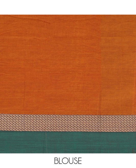 Orange plain design Narayanpet cotton saree, contrast grid design border & striped pallu