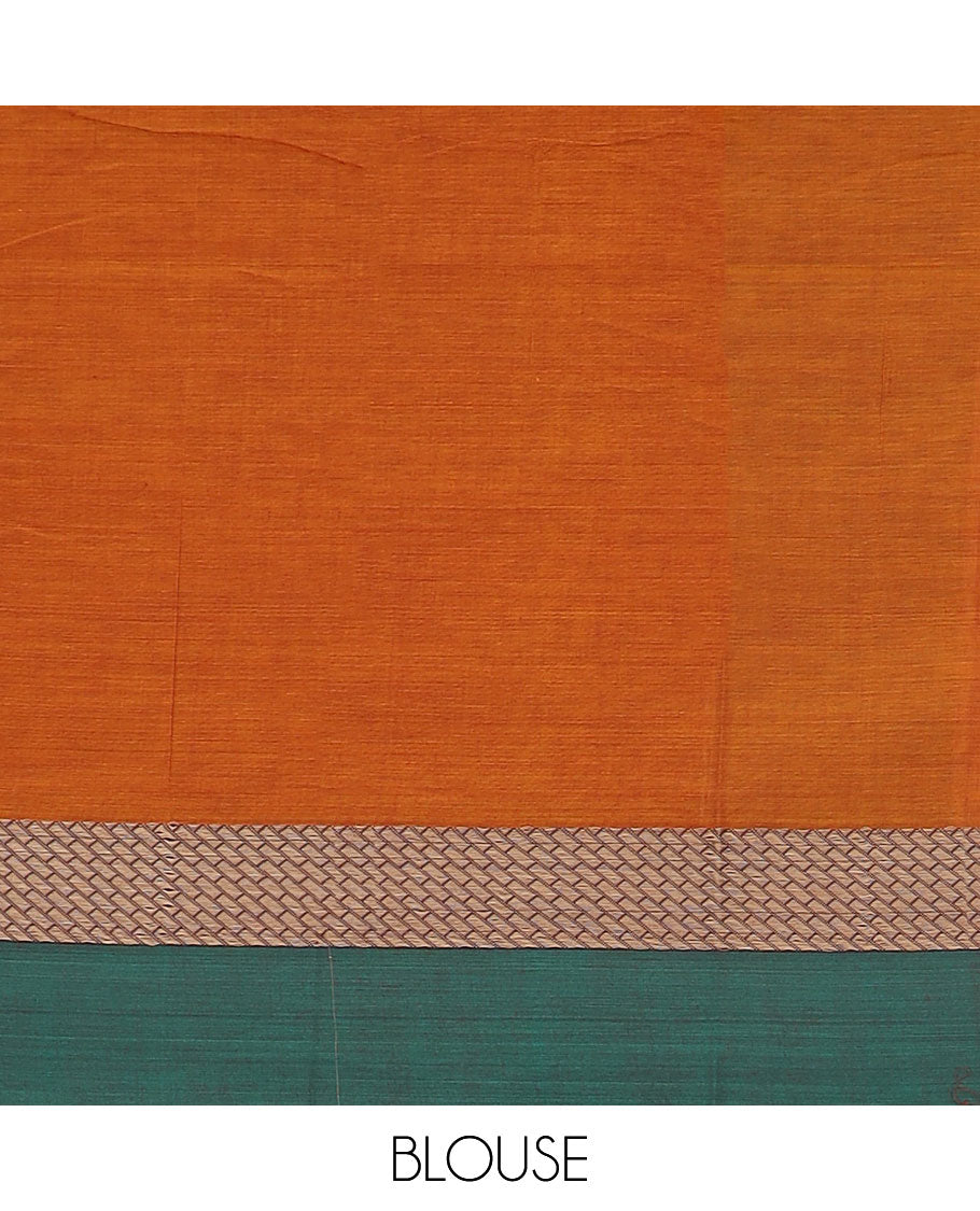 Orange plain design Narayanpet cotton saree, contrast grid design border & striped pallu