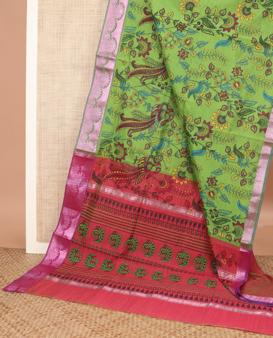Parrot green kalamkari floral vine, and bird printed Andhra cotton saree, floral creeper zari border, and contrast printed pallu