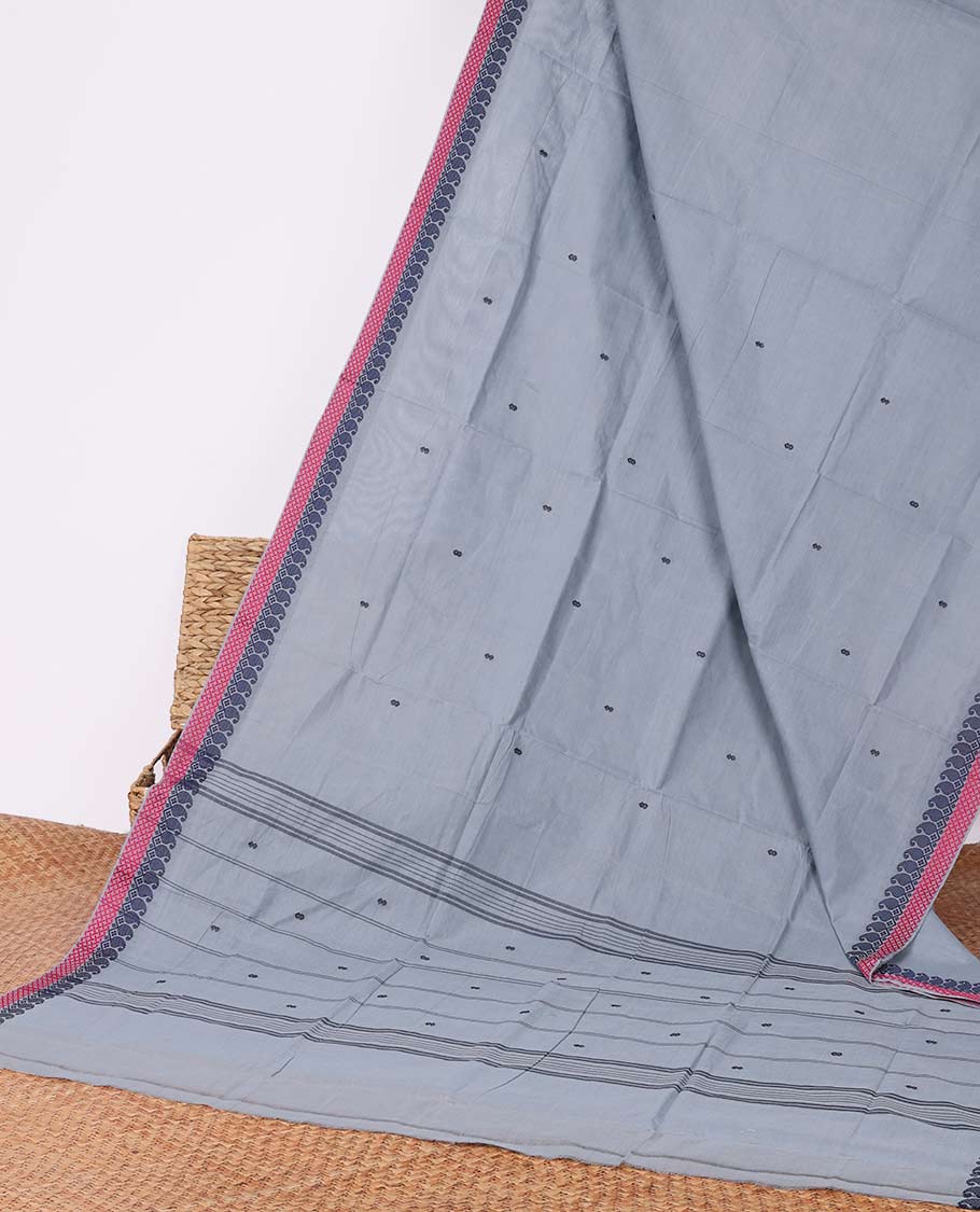 Grey buttas Chettinad cotton saree, traditional motifs border & striped pallu