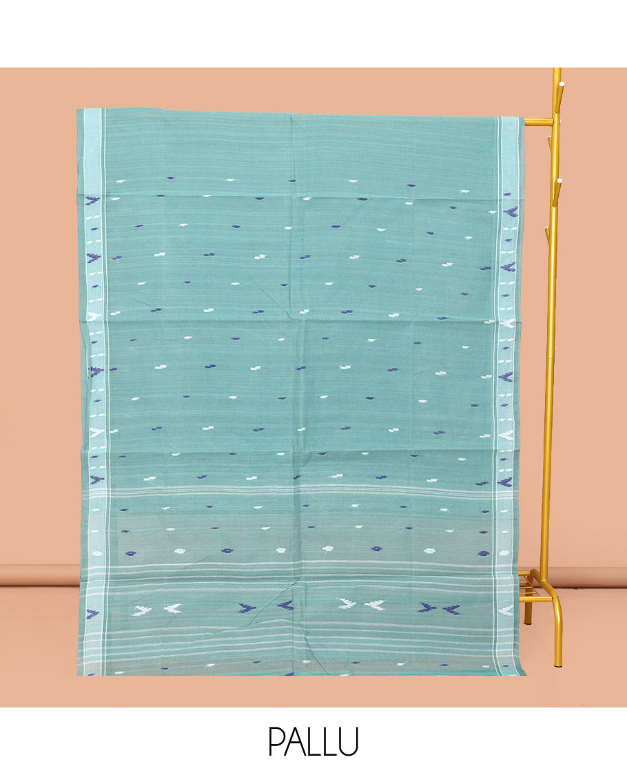 Blue Bengal Cotton Saree, Steeped with Thread Buttas, a Subtle Border, a Pallu of Stripes, and Buttas, and a Matching Blouse