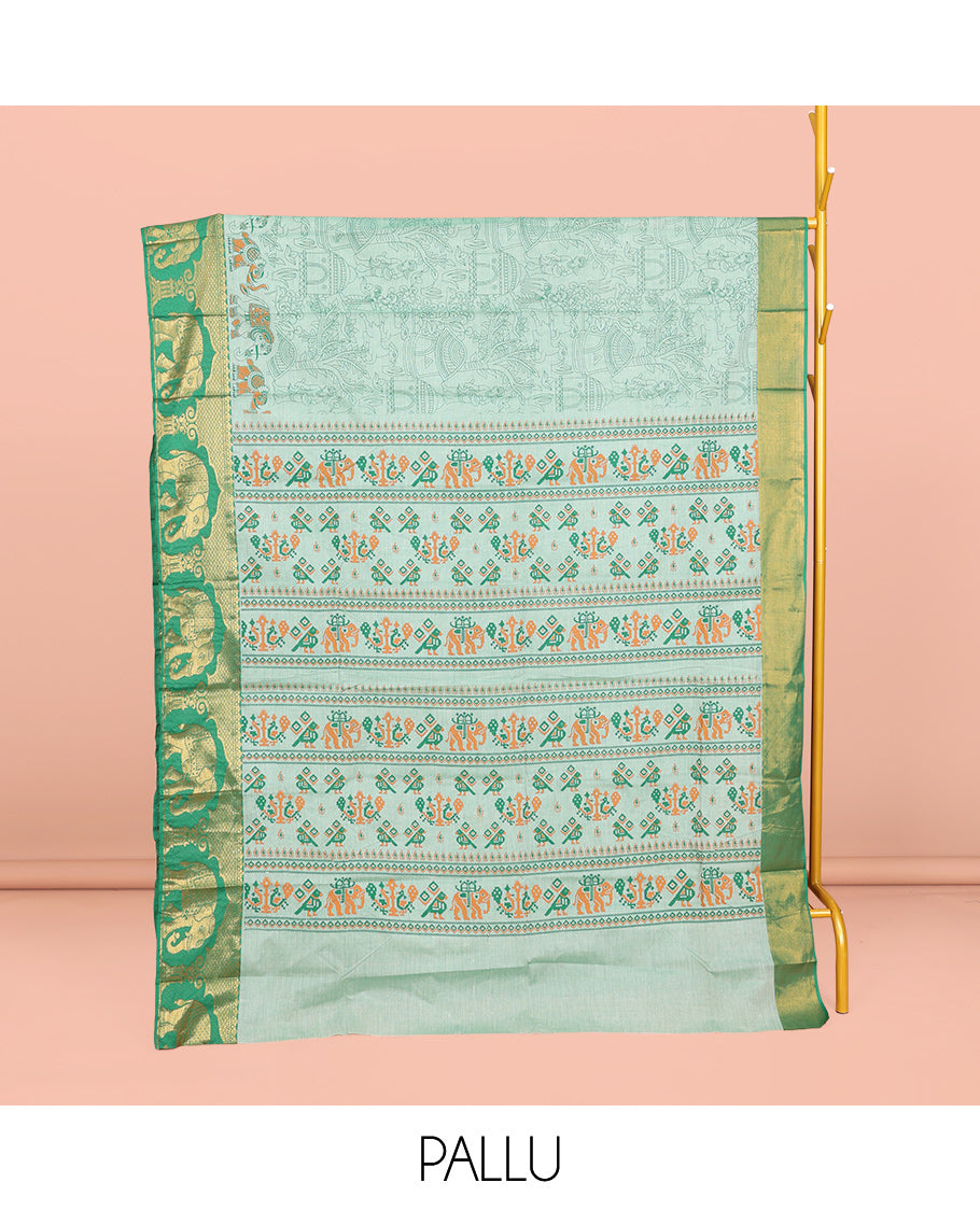 Green Andhra Cotton Saree, Beautified with Village-Themed Print, a Contrast Elephant Zari Border, a Pallu of Patola-Print, and a Matching Blouse