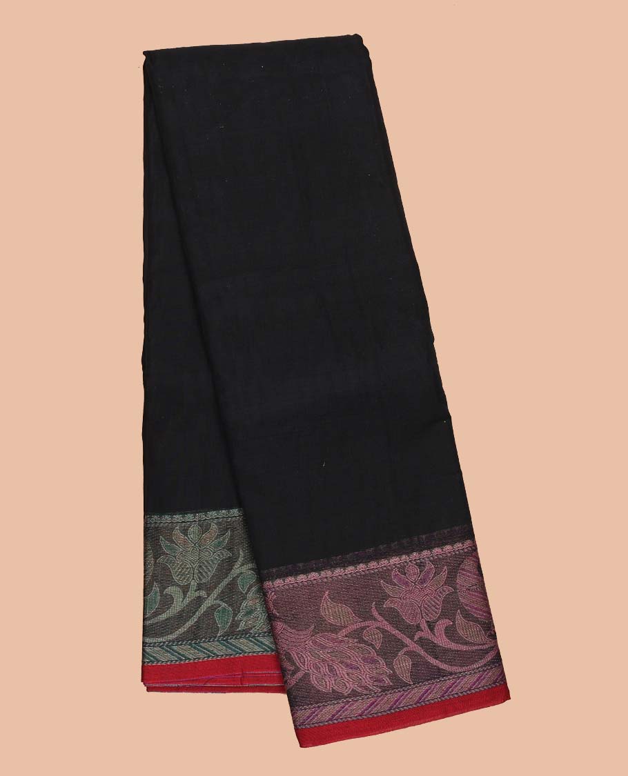 Black plain design Narayanapet cotton saree, contrast ganga jamuna leaf creeper border & striped pallu