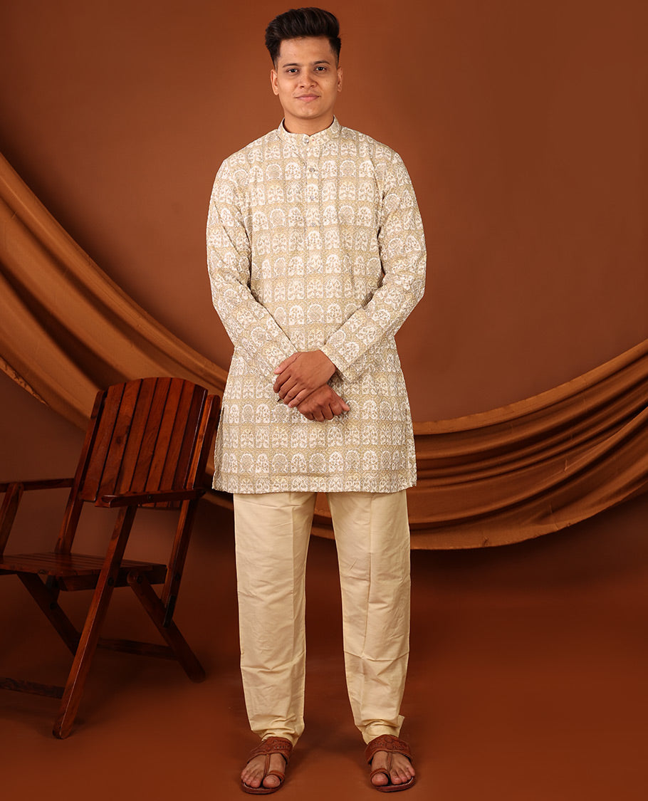 Light Sandal Floral Butta Enclosed Arches Printed Full-Sleeved Men's Kurta