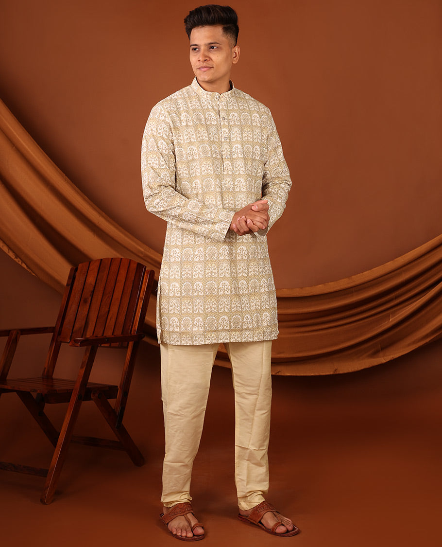 Light Sandal Floral Butta Enclosed Arches Printed Full-Sleeved Men's Kurta