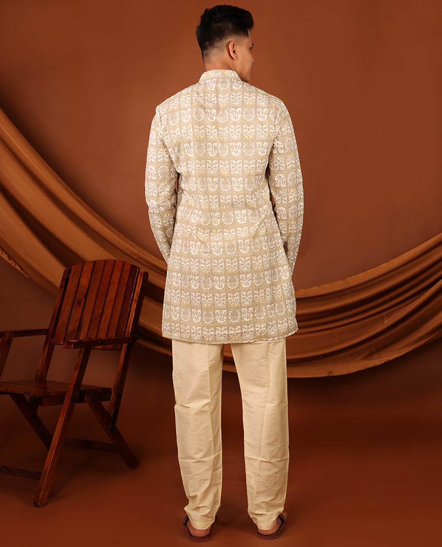 Light Sandal Floral Butta Enclosed Arches Printed Full-Sleeved Men's Kurta