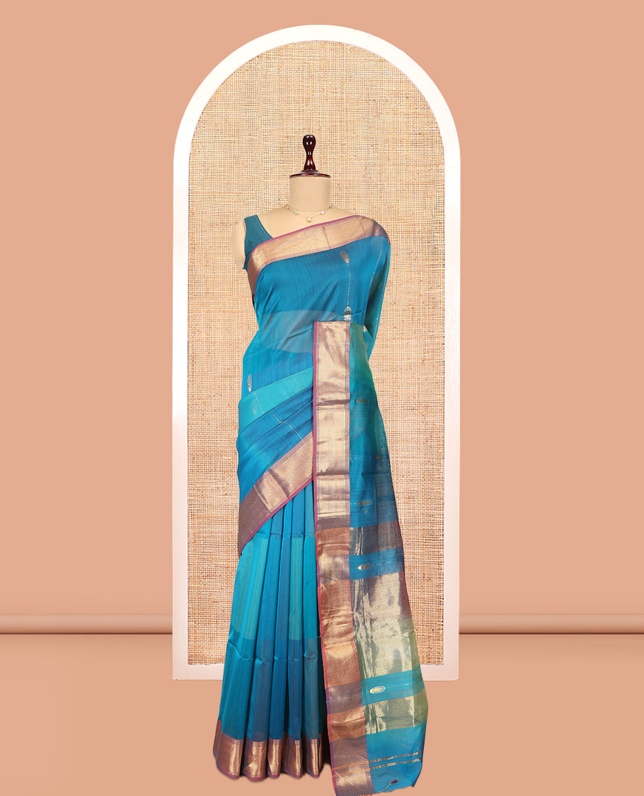 Blue Maheshwari Cotton Saree, Adorned with Zari Stripes, a Contrast Traditional Zari Border, Pallu of Zari Weave, and a Matching Blouse