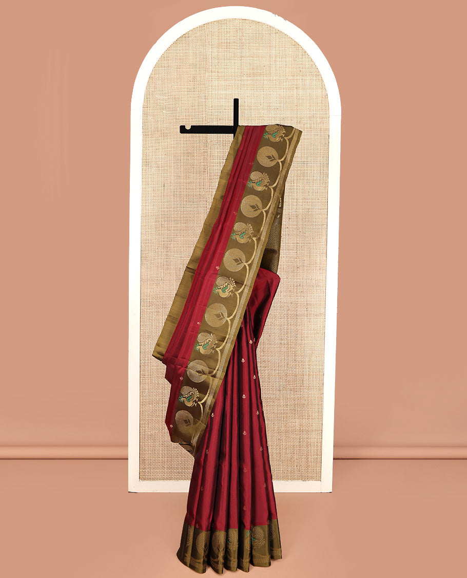 Red Mayuri Lite Silk Mix Saree, Accentuated with Zari Buttas All Over Its Body, Complemented by Contrast Border of Peacock Designs, Contrast Pallu of Vanki Designs, and Paired with a Contrast Blouse