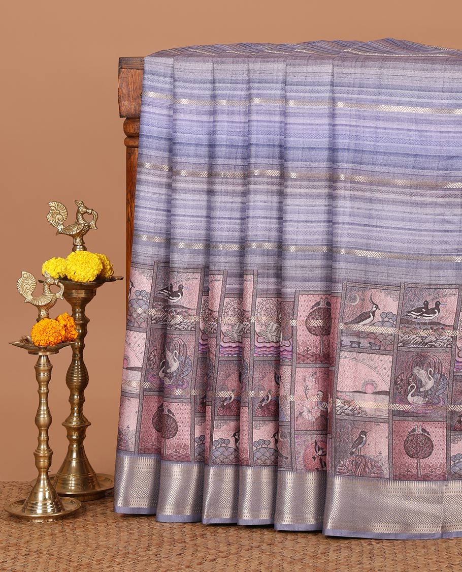 Blue horizontal zari striped with bird motifs printed soft tusser saree, traditional zari border & geometric printed pallu
